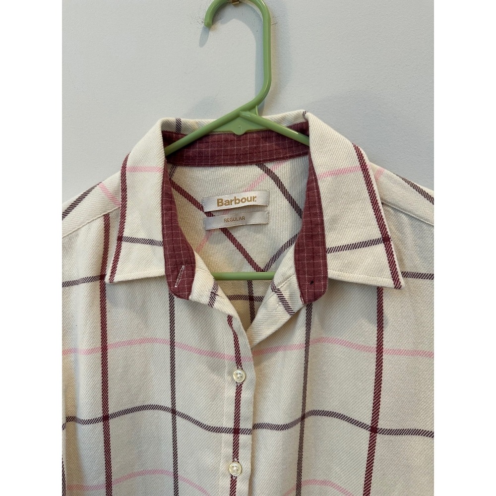 Size 10 Barbour long-sleeve blouse cream-colored fabric maroon and grey plaid